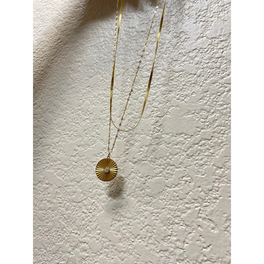 Gold Tone Double Layer Necklace Clear Rhinestone Circle Pendant Snake Chain - Picture 3 of 4